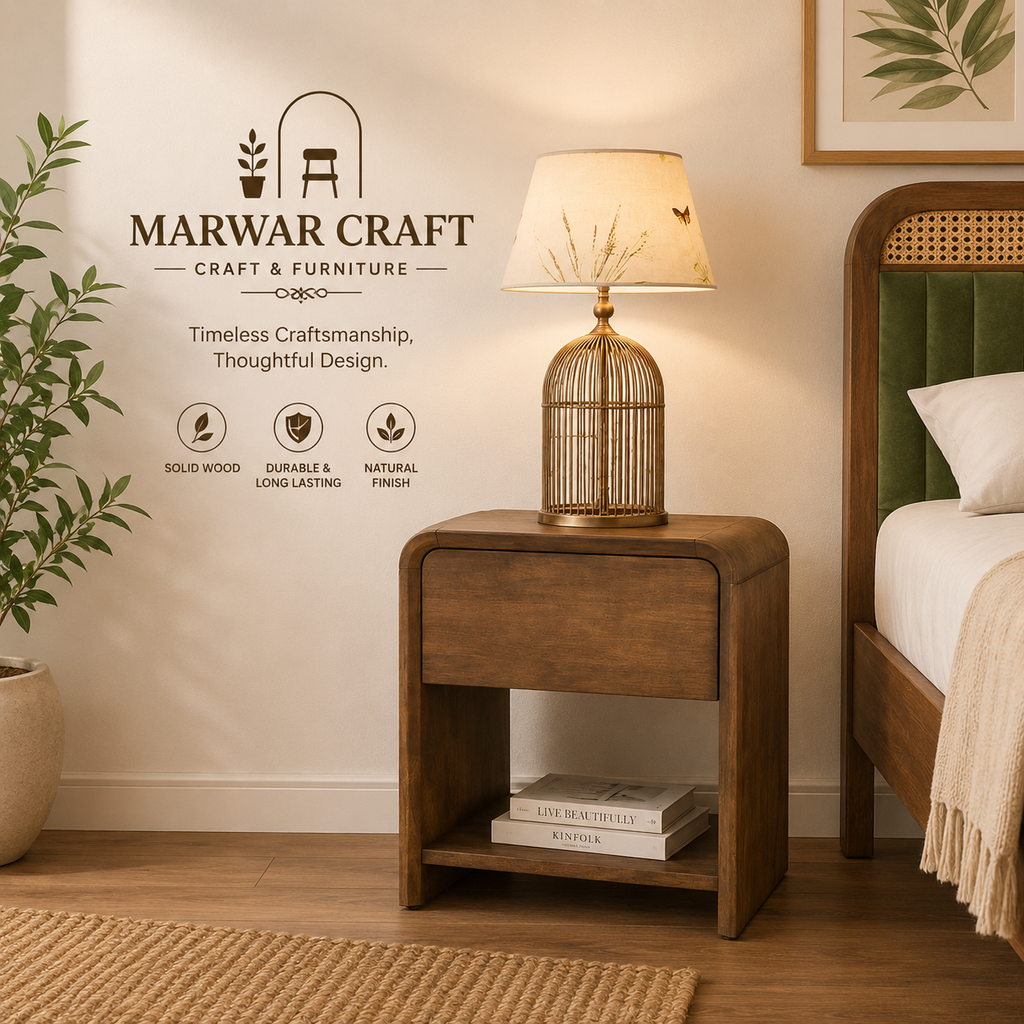 Hiro Solid Wood Bedside Table In Danish Walnut Finish - Marwar Craft & Furniture