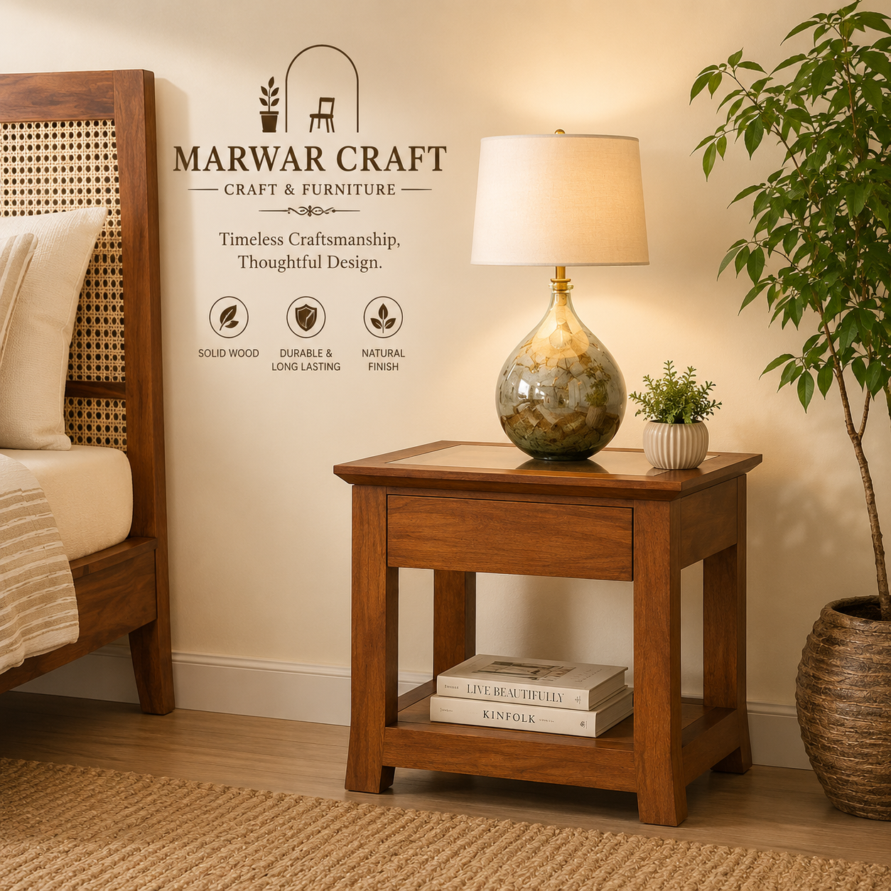 Fujiwara Solid Wood And Cane Bedside Table In Amber Walnut Finish - Marwar Craft & Furniture