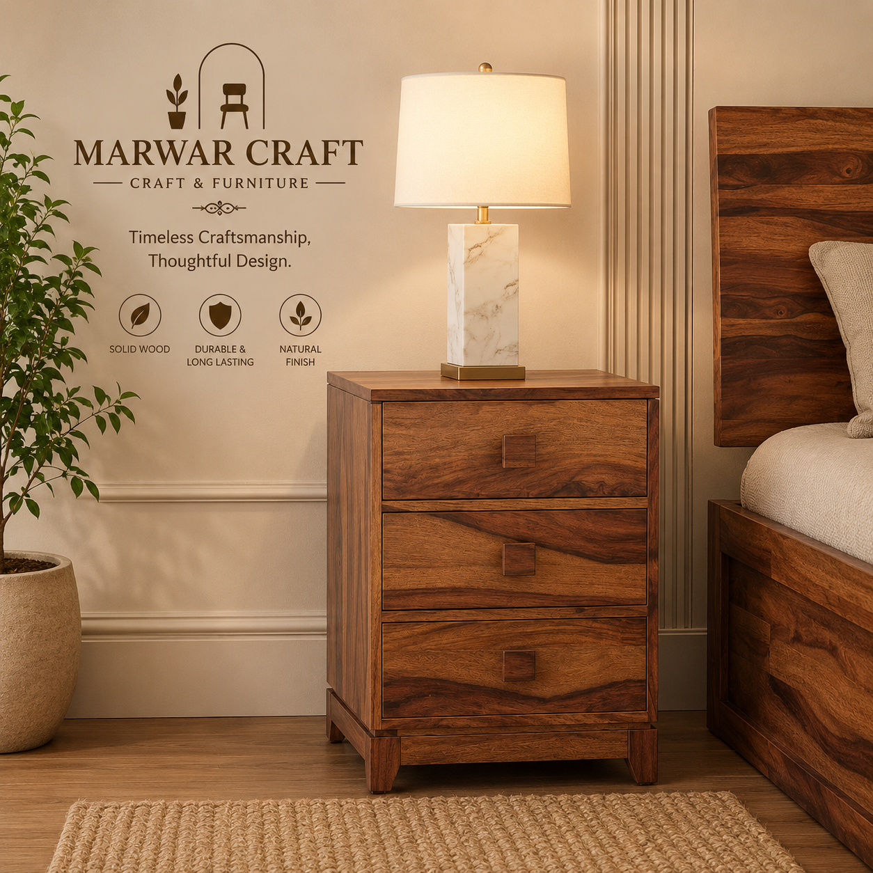 Magellan Solid Wood Bedside Table in Teak Finish - Marwar Craft & Furniture