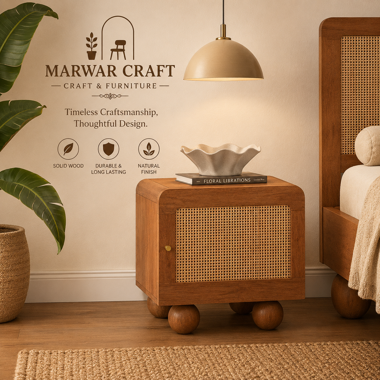 Takai Bedside Table in Red Cedar Finish - Marwar Craft & Furniture