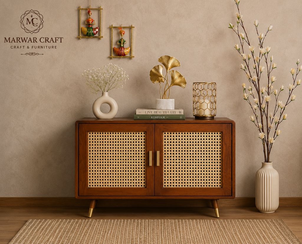 Solid Mango Wood & Rattan Cane Sideboard Cabinet | 2 Door Storage Cabinet for Living Room & Bedroom - Marwar Craft & Furniture