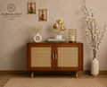 Solid Mango Wood & Rattan Cane Sideboard Cabinet | 2 Door Storage Cabinet for Living Room & Bedroom - Marwar Craft & Furniture