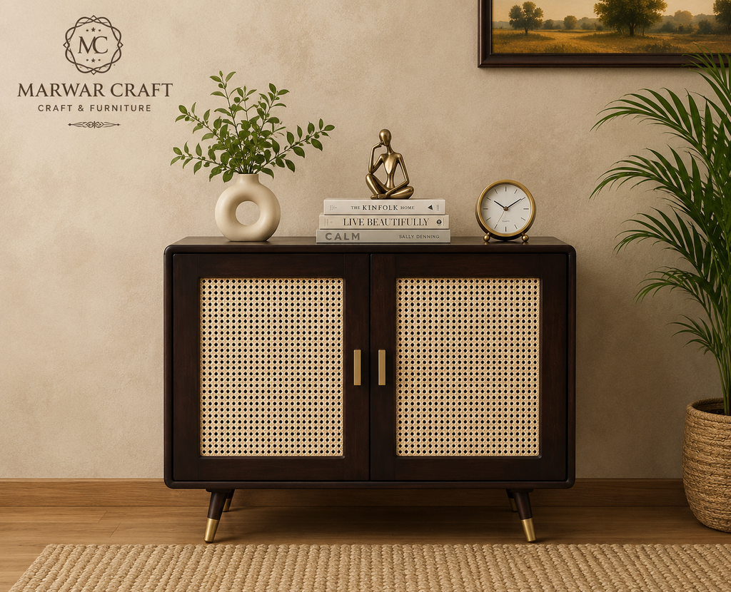 Solid Mango Wood & Rattan Cane Sideboard Cabinet | 2 Door Storage Cabinet for Living Room & Bedroom - Marwar Craft & Furniture