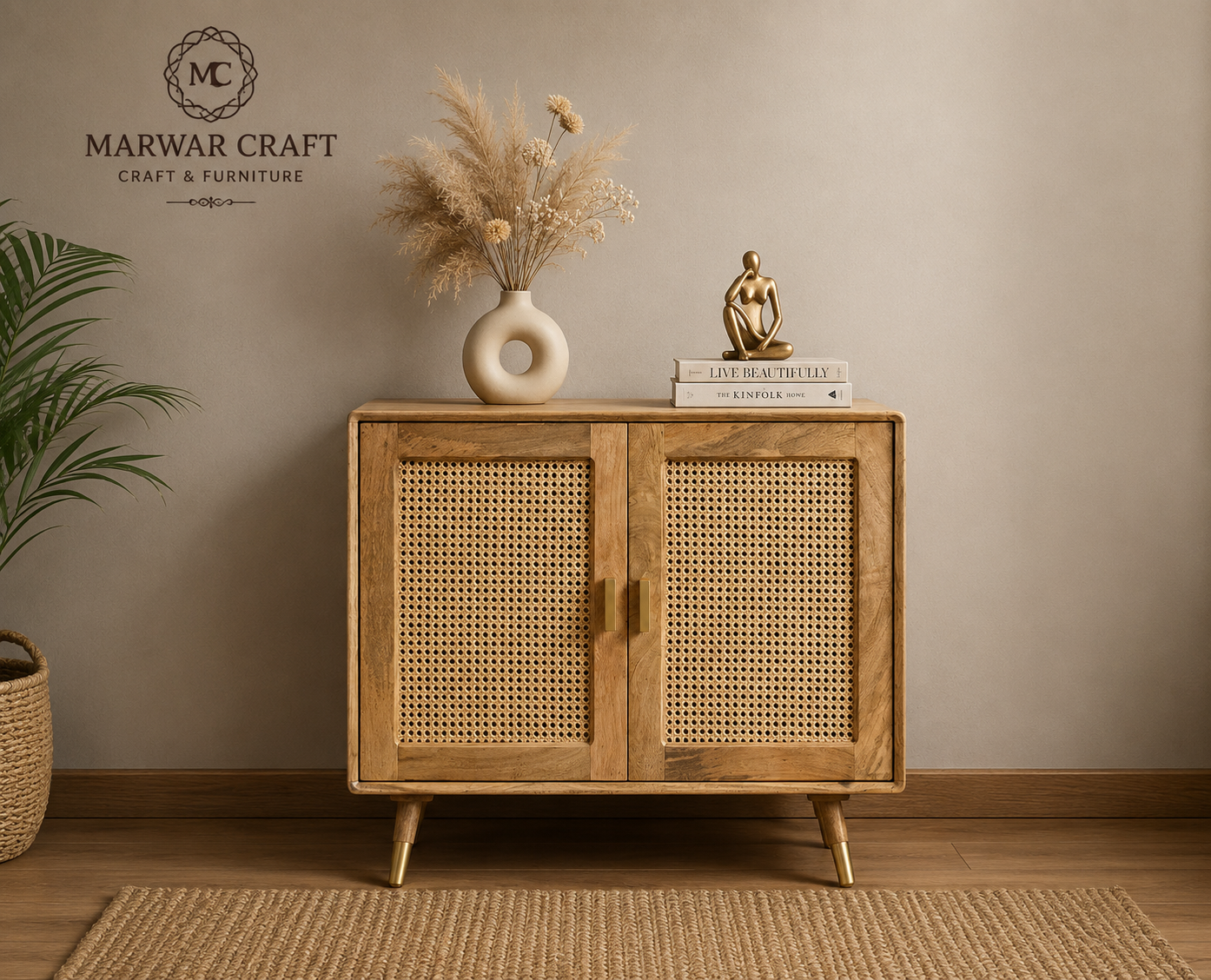 Solid Mango Wood & Rattan Cane Sideboard Cabinet | 2 Door Storage Cabinet for Living Room & Bedroom - Marwar Craft & Furniture