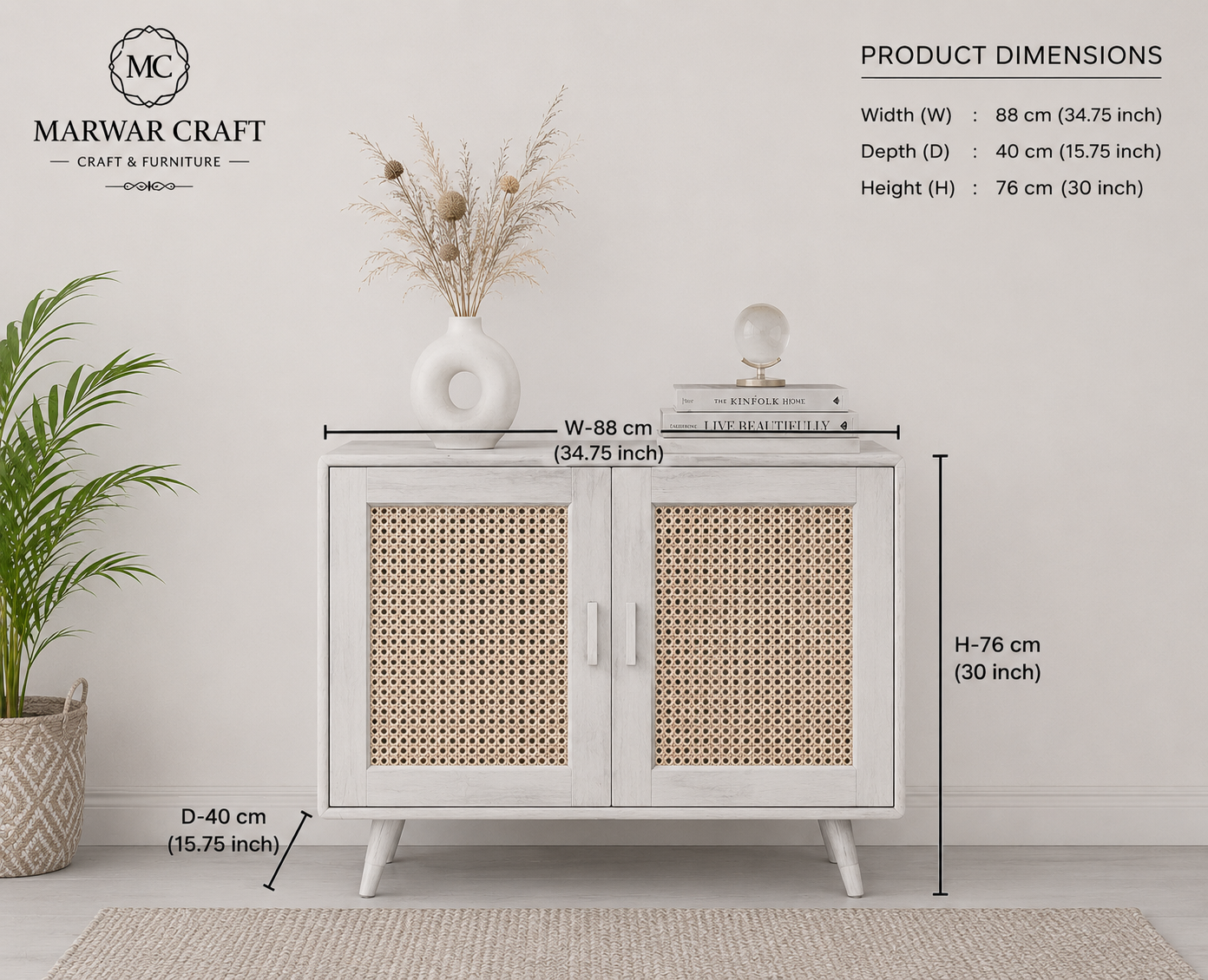 Solid Mango Wood & Rattan Cane Sideboard Cabinet | 2 Door Storage Cabinet for Living Room & Bedroom - Marwar Craft & Furniture