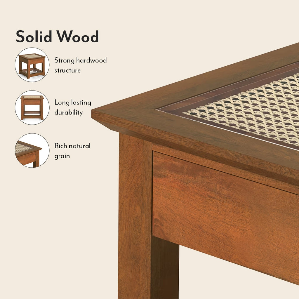 Fujiwara Solid Wood And Cane Bedside Table In Amber Walnut Finish - Marwar Craft & Furniture