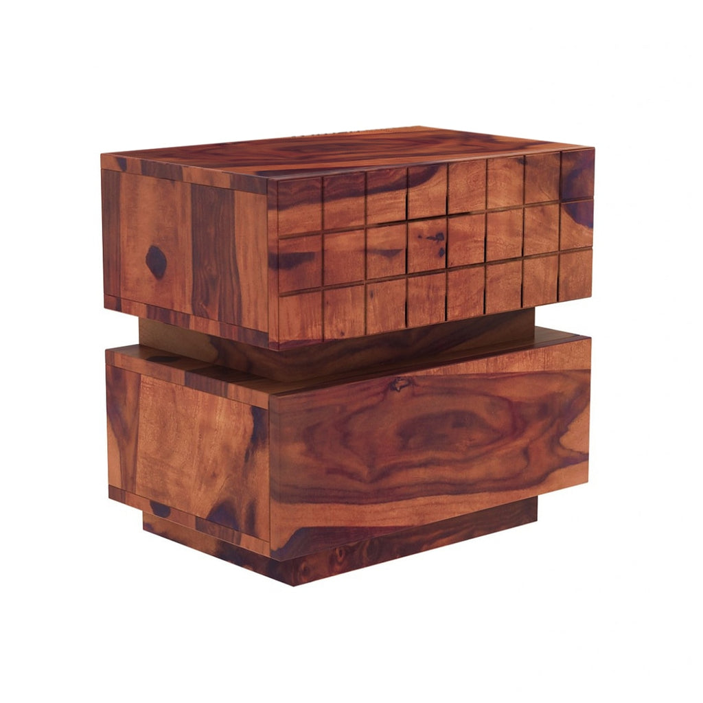 Cnc Square Solid Wood Bedside Table in Teak Finish - Marwar Craft & Furniture
