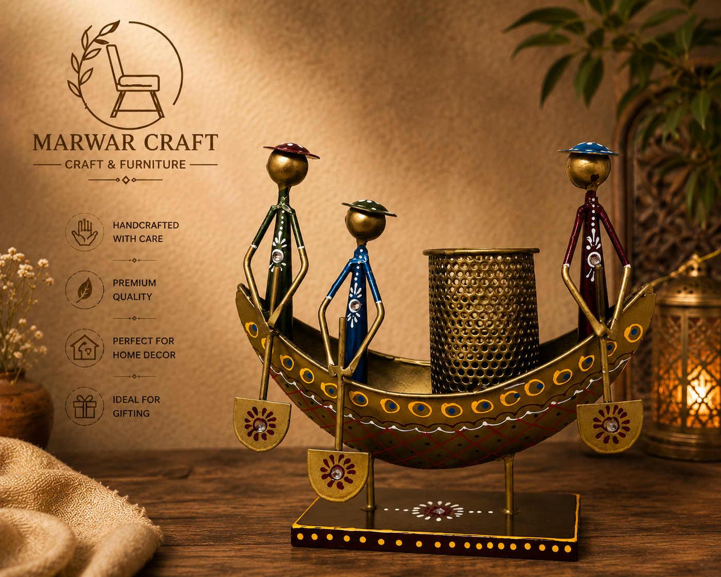 The Marwar Voyage Organizer – Handcrafted Metal Boat Musicians &amp; Pen Holder Decorative Stand