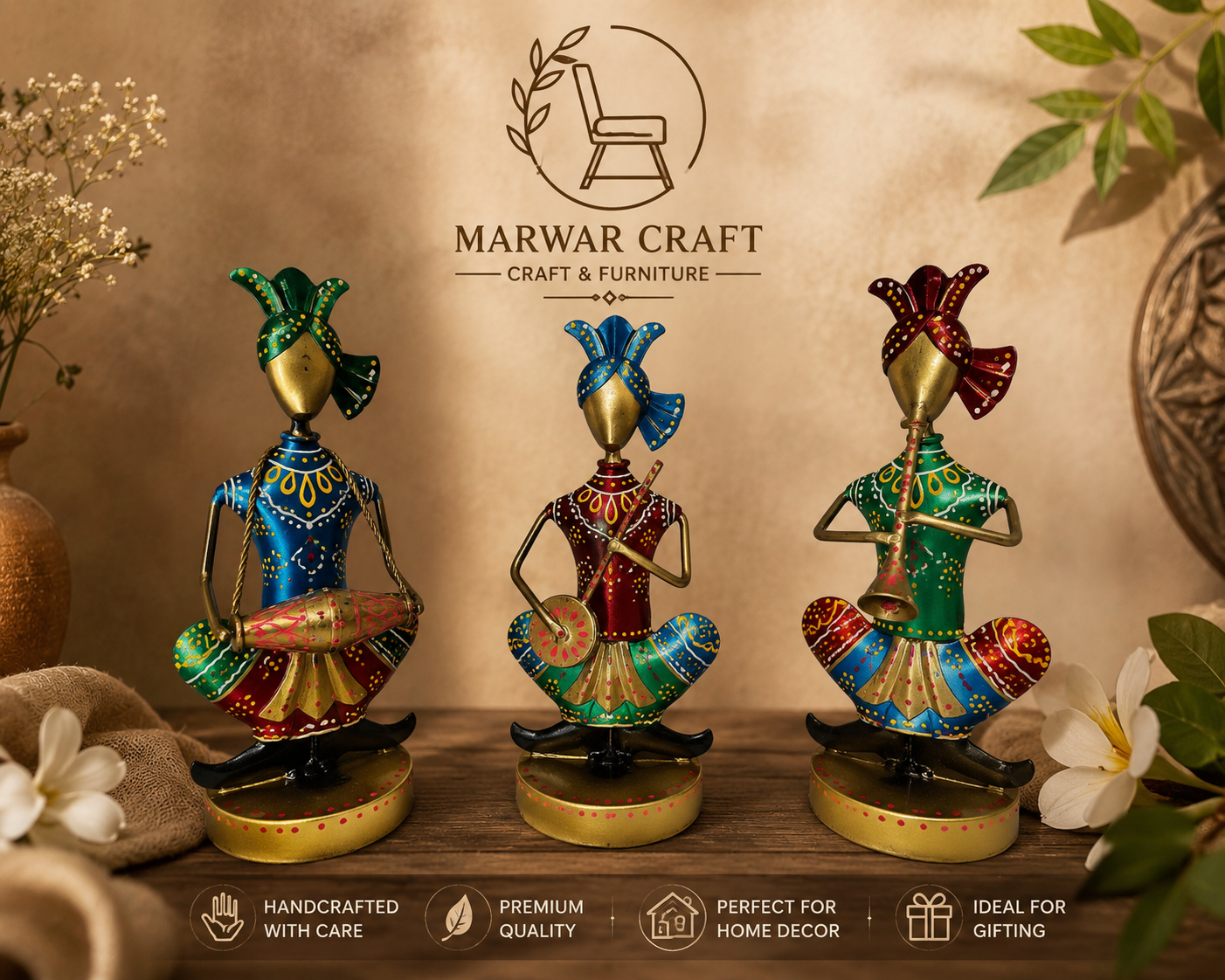 The Marwar Folk Ensemble – Handcrafted Rajasthani Metal Musicians (Set of 3) Decorative Figurines