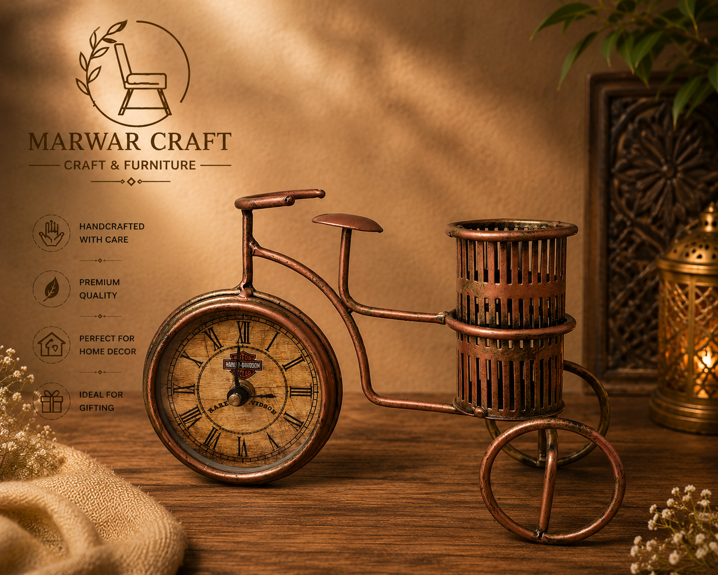 The Marwar Retro Rickshaw Organizer – Handcrafted Metal Cycle Rickshaw Pen &amp; Card Holder Stand