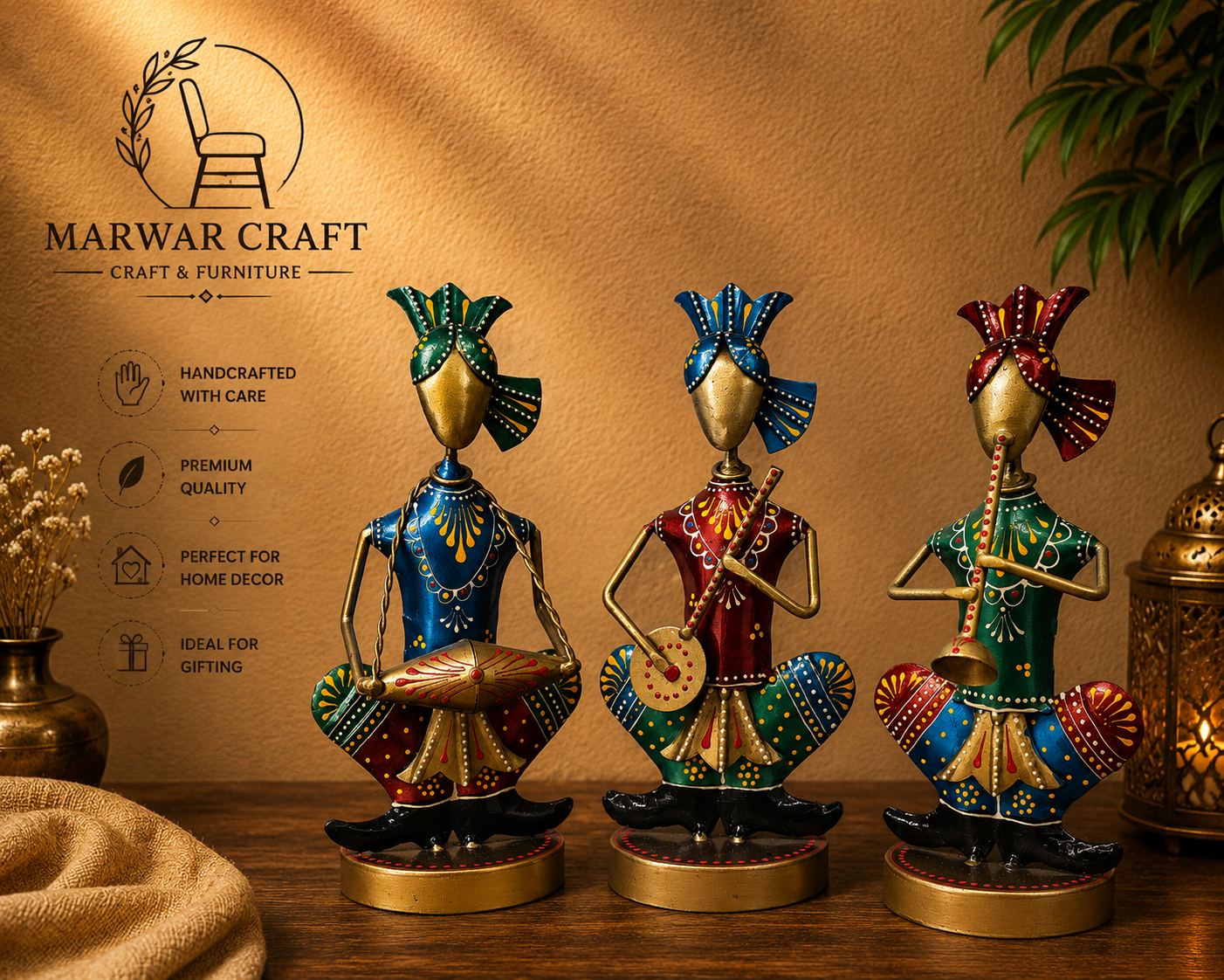 The Royal Mewar Symphony – Handcrafted Rajasthani Metal Musicians (Set of 3) Tabletop Figurines