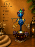 The Divine Krishna Mural – Handcrafted Metal Standing Krishna Flute Player T-Light &amp; Diya Stand