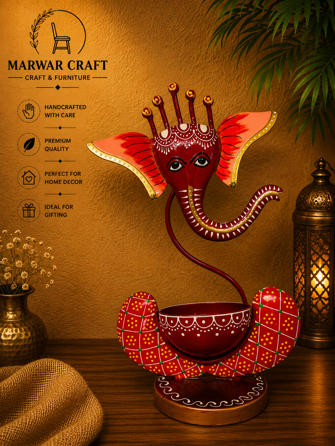 The Ganesha Glossy Radiance – Handcrafted Metal Ganesha Face T-Light &amp; Diya Holder Stand