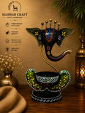 The Ganesha Midnight Radiance – Handcrafted Metal Ganesha Face T-Light &amp; Diya Holder Stand