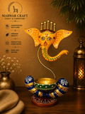 The Ganesha Golden Aura – Handcrafted Metal Ganesha Face T-Light &amp; Diya Holder Stand