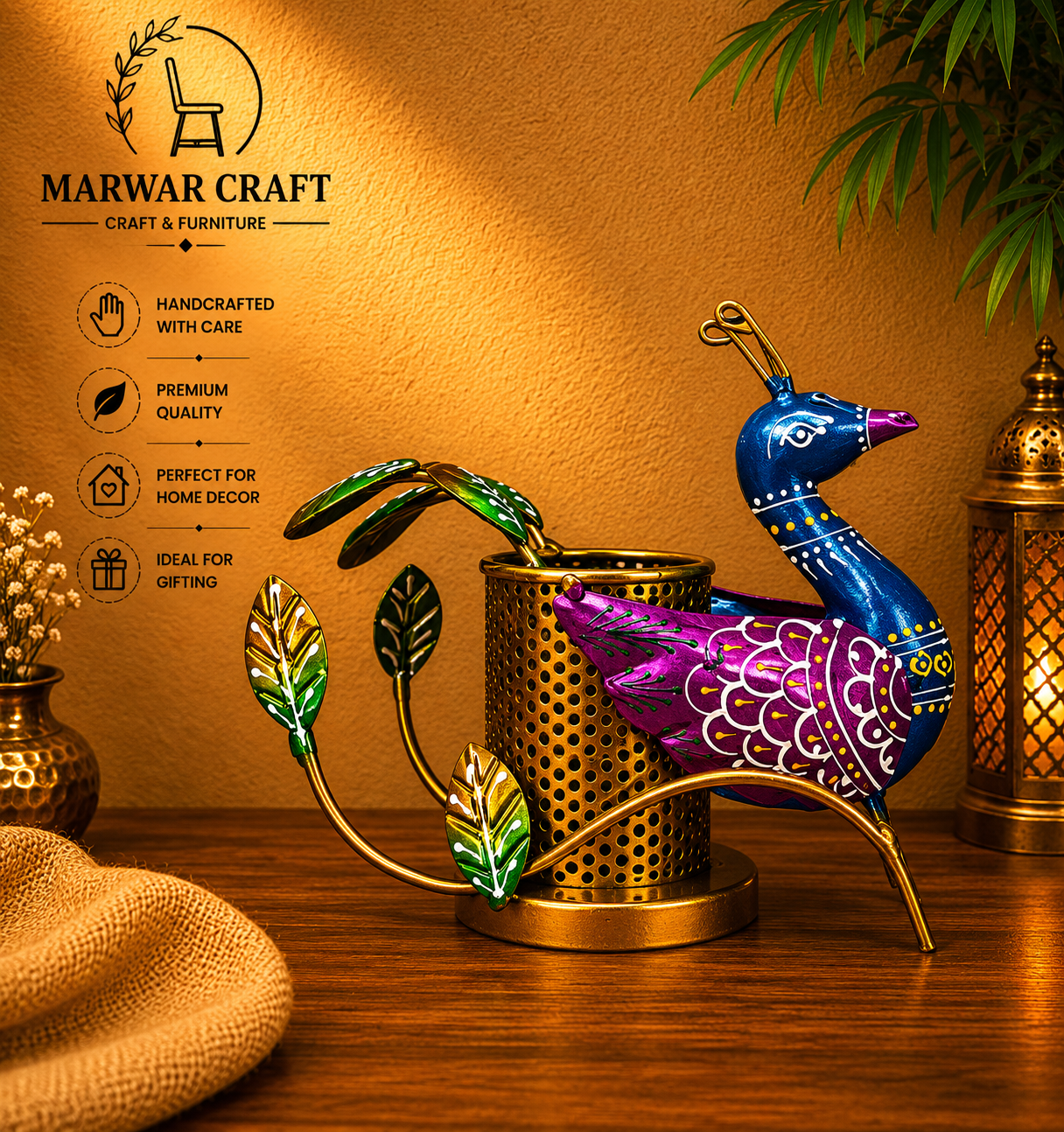 The Mayur Elegance Organizer – Left-Facing Handcrafted Metal Peacock Pen Stand &amp; Luxury Desk Accent