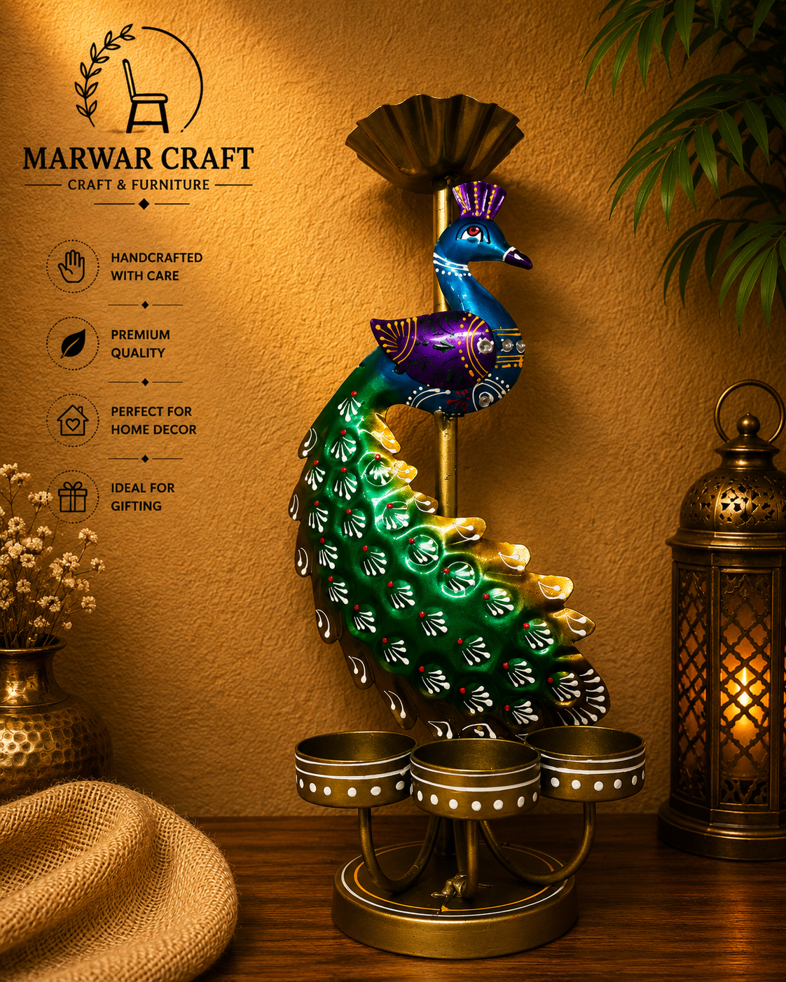 The Royal Mayur Light Tower – Handcrafted Metal Peacock 4-Cup T-Light &amp; Diya Stand