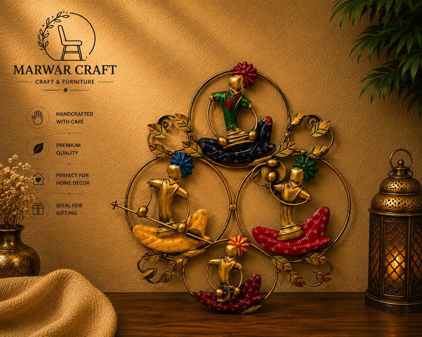 The Marwar Royal Quartet – Handcrafted Metal Rajasthani Musicians Set of 4 Linked Ring Wall Hanging Art