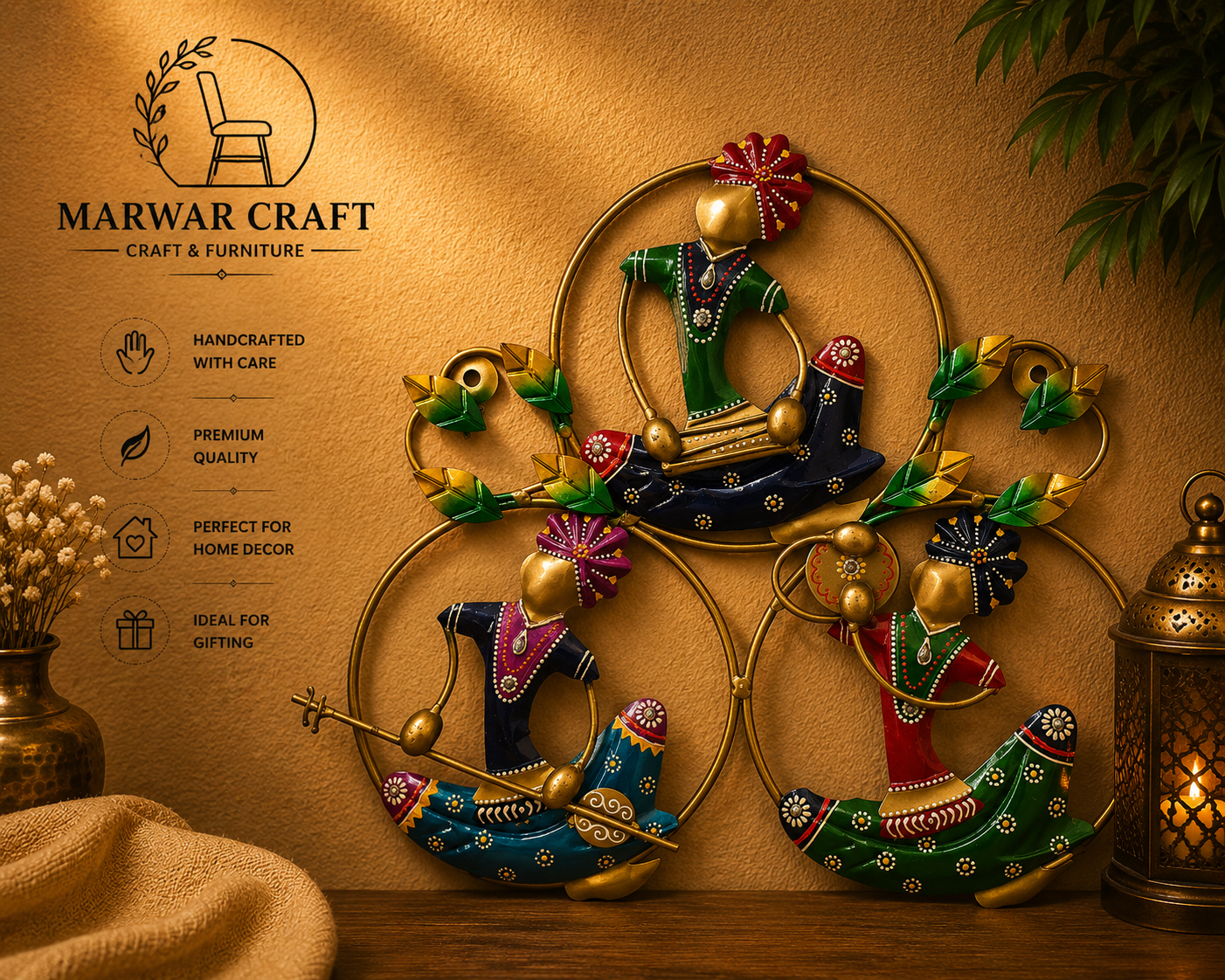 The Marwar Ring Symphony – Handcrafted Metal Rajasthani Musicians Set of 3 Circular Wall Hanging Art
