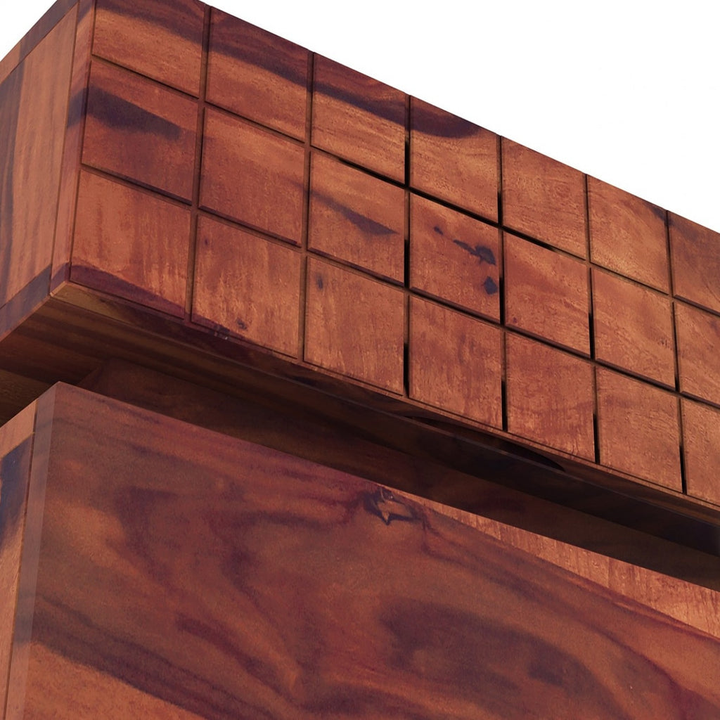Cnc Square Solid Wood Bedside Table in Teak Finish - Marwar Craft & Furniture