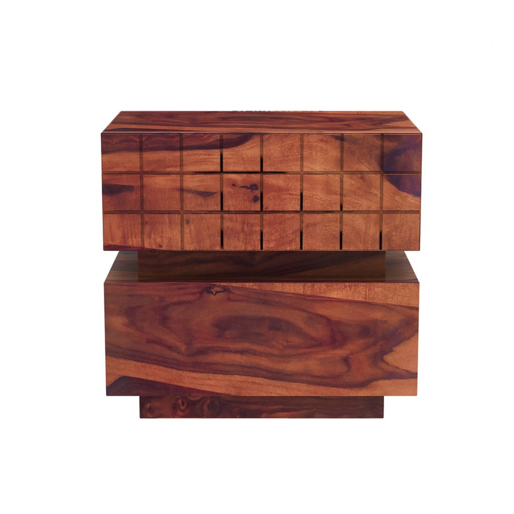 Cnc Square Solid Wood Bedside Table in Teak Finish - Marwar Craft & Furniture