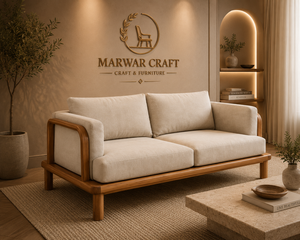 The Linear Japandi Wooden Sofa – Premium Solid Wood 2-Seater Fabric Couch with Rounded Armrests