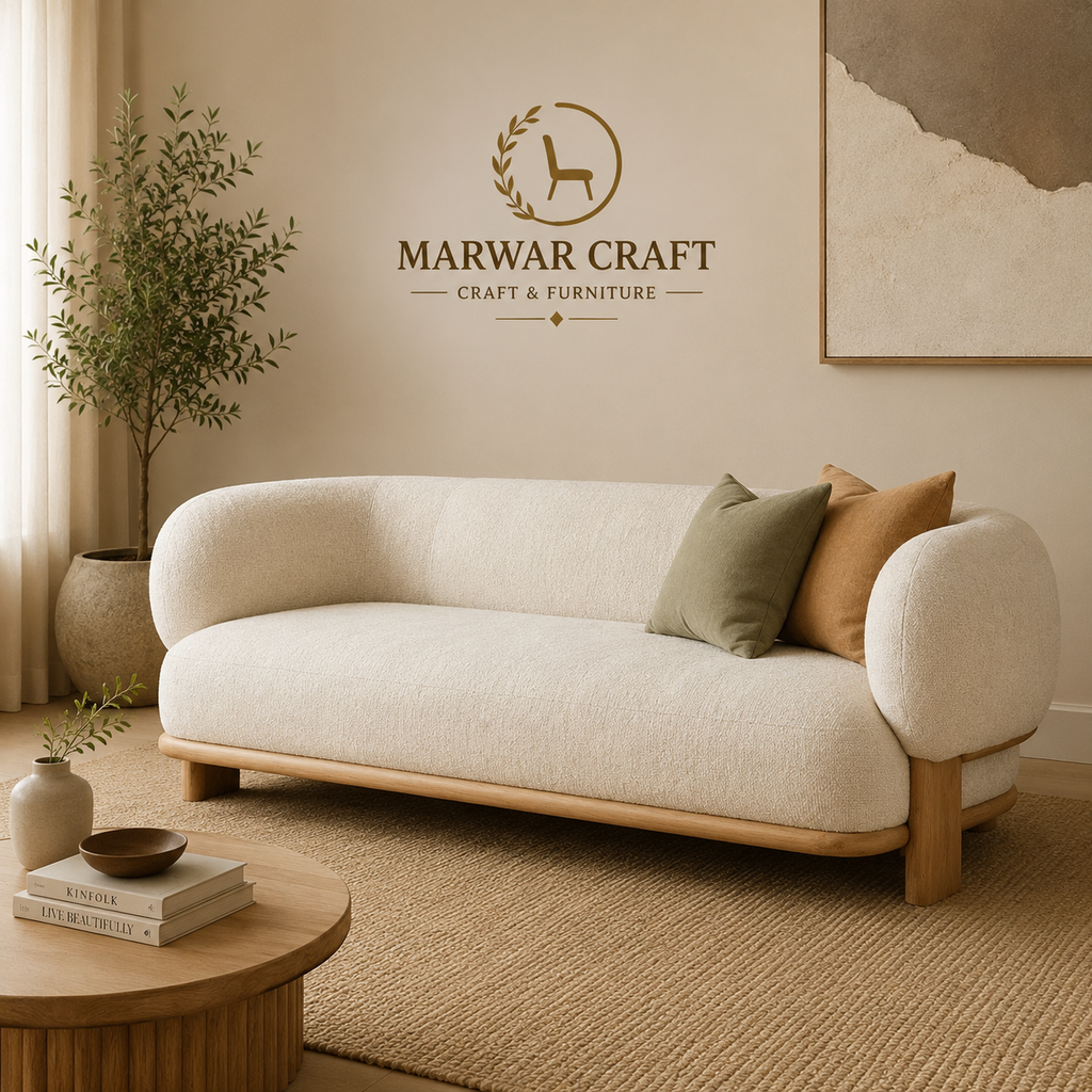 The Nimbus Curved Boucle Sofa – Premium 3-Seater Cloud Couch with Solid Wood Plinth Base