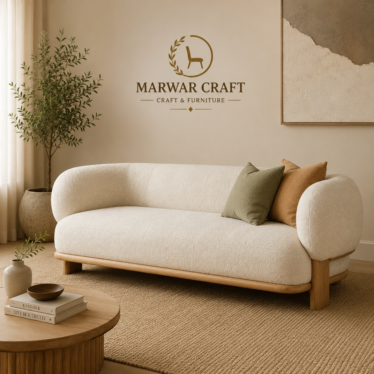 The Nimbus Curved Boucle Sofa – Premium 3-Seater Cloud Couch with Solid Wood Plinth Base