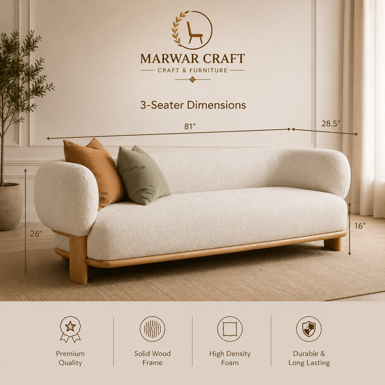 The Nimbus Curved Boucle Sofa – Premium 3-Seater Cloud Couch with Solid Wood Plinth Base