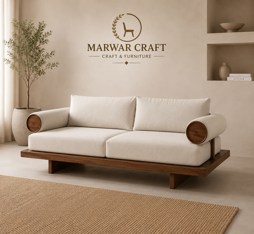 The Cylinder Architectural Sofa – Premium Solid Wood 3-Seater Couch with Bolster Cushions