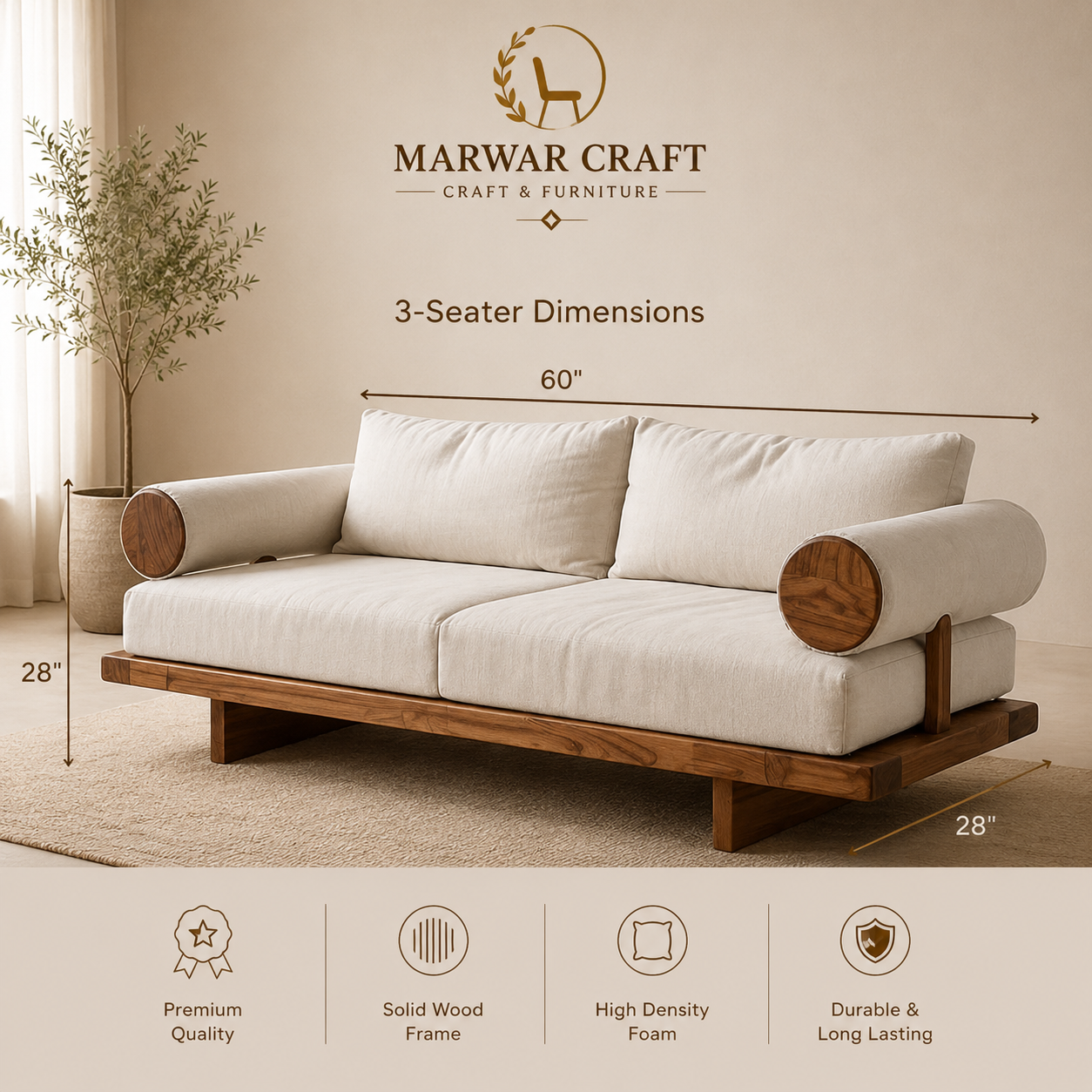 The Cylinder Architectural Sofa – Premium Solid Wood 3-Seater Couch with Bolster Cushions