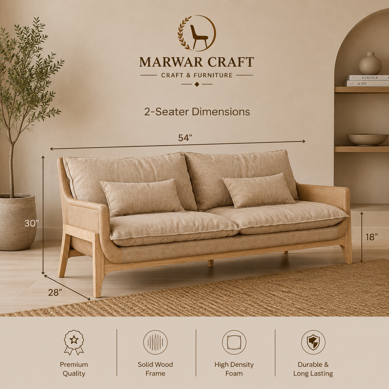The Verona Tan Leather Sofa – Premium Solid Wood 3-Seater Couch with Tan Upholstery