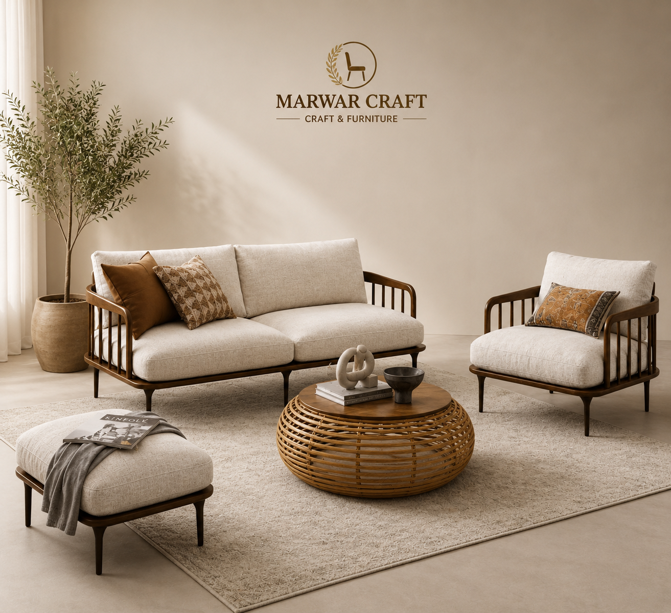 The Linear Spindle Sofa Set – Premium Solid Wood 3-Piece Living Room Set with Linen Cushions