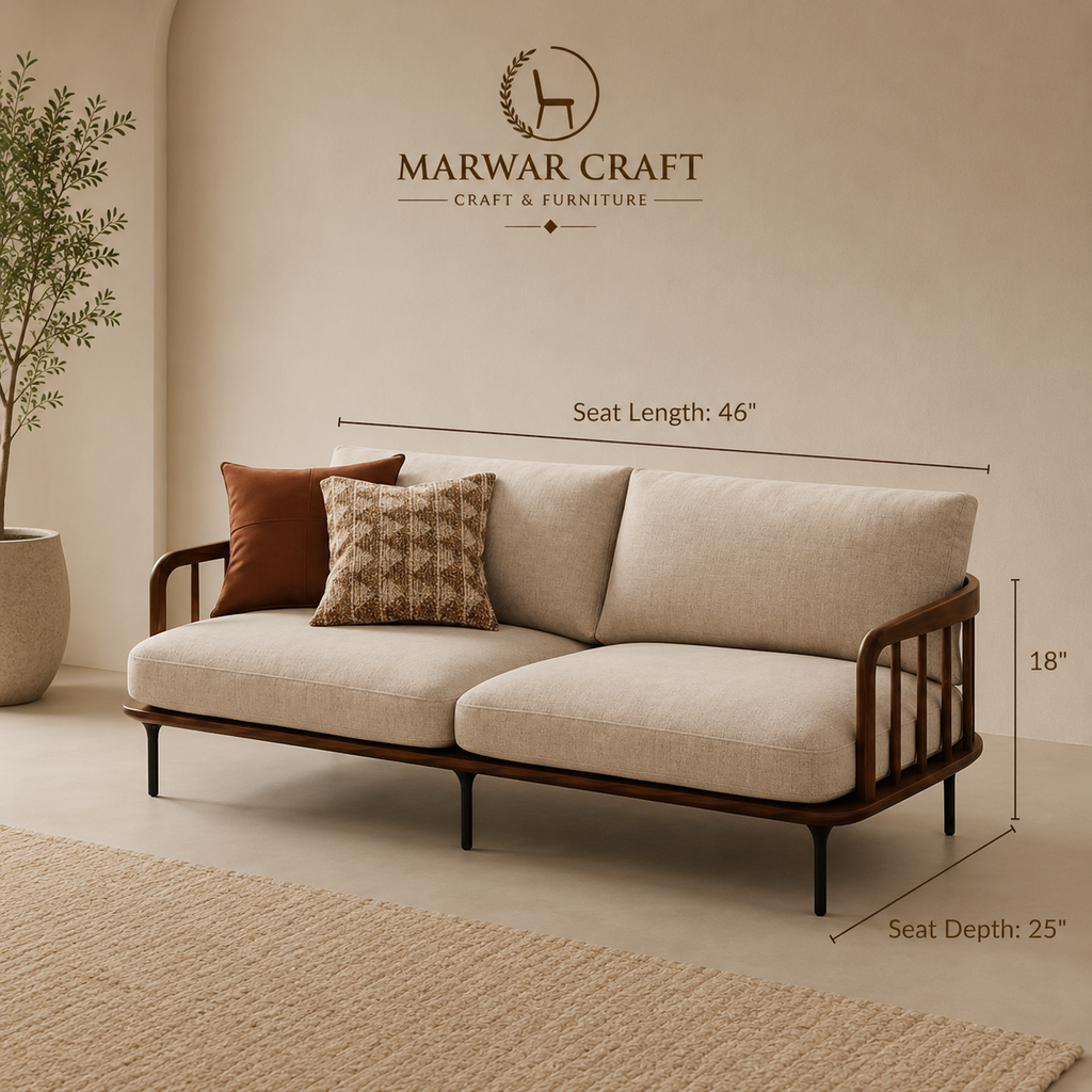 The Linear Spindle Sofa Set – Premium Solid Wood 3-Piece Living Room Set with Linen Cushions