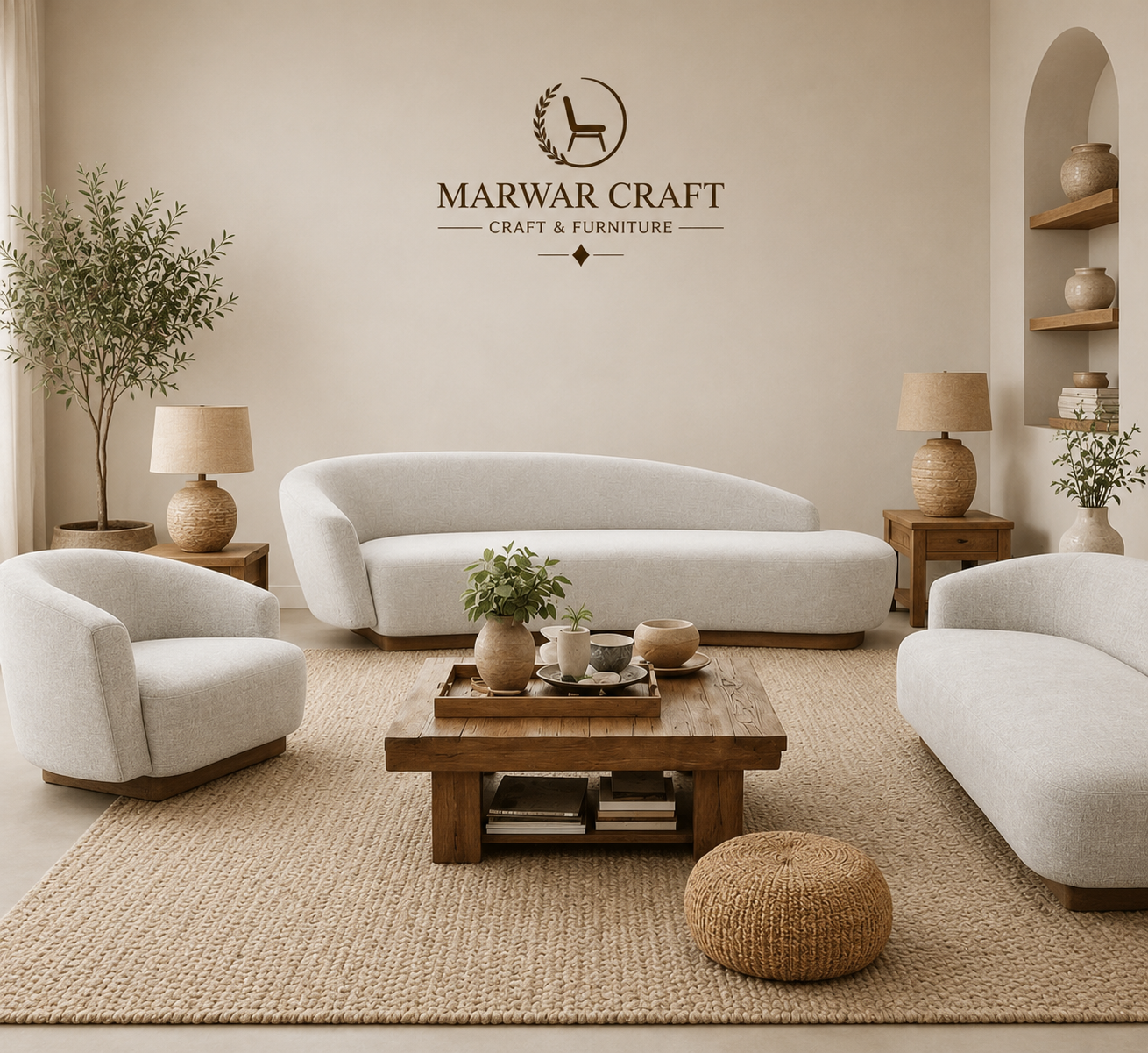 The Serene Organic Living Room Set – Premium 4-Piece Boucle Curved Sofa and Lounge Chair Collection