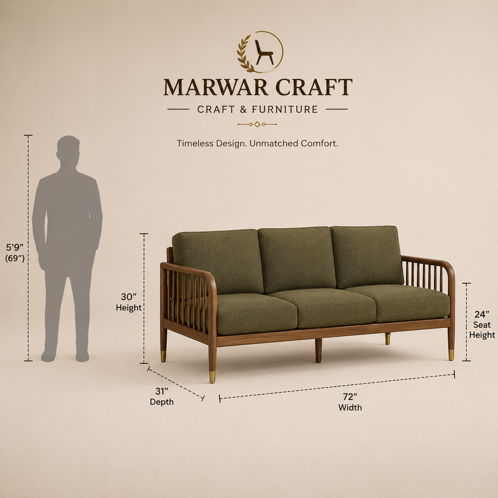 The Windsor Olive Sofa – Premium Solid Wood 3-Seater Spindle Couch in Olive Green Fabric