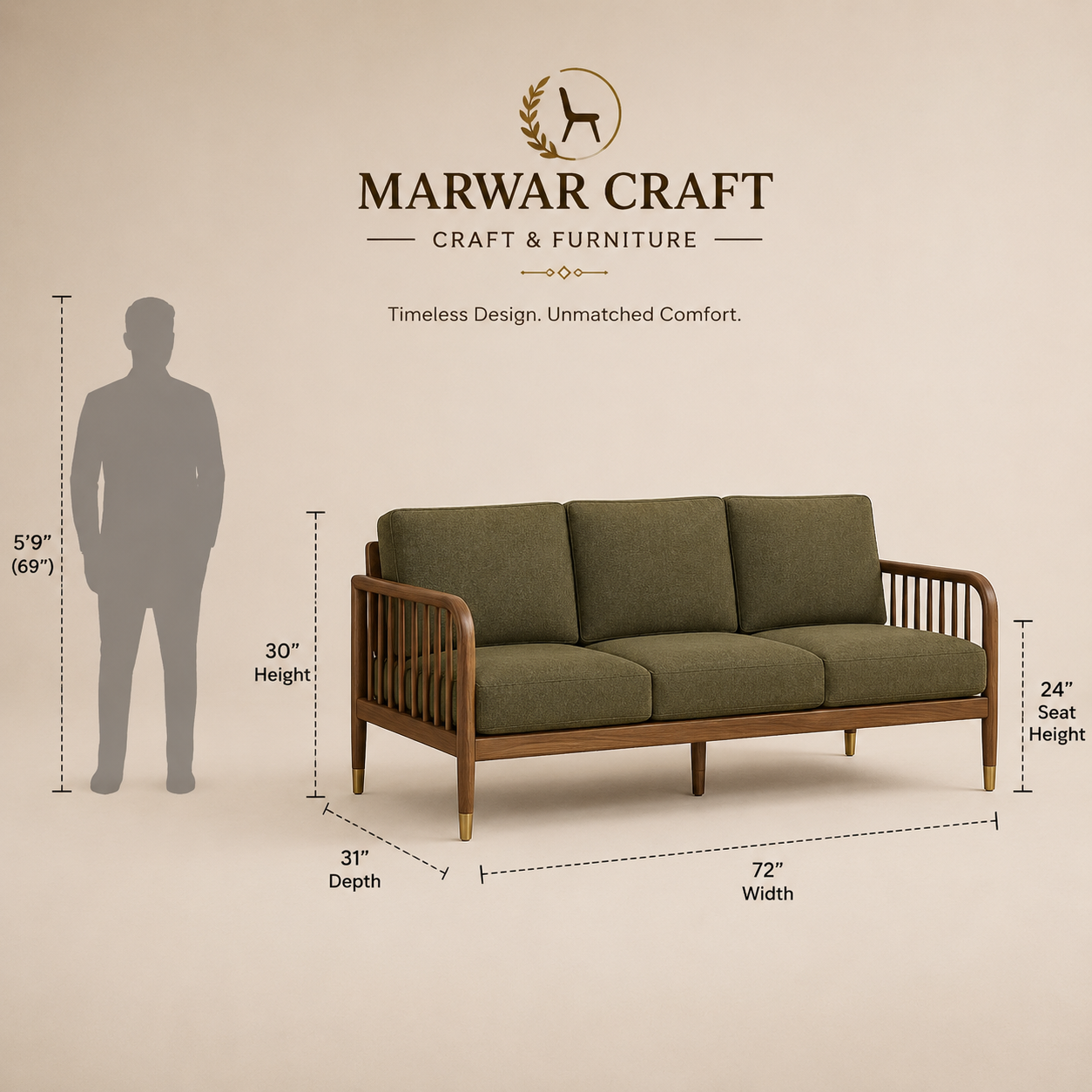 The Windsor Olive Sofa – Premium Solid Wood 3-Seater Spindle Couch in Olive Green Fabric