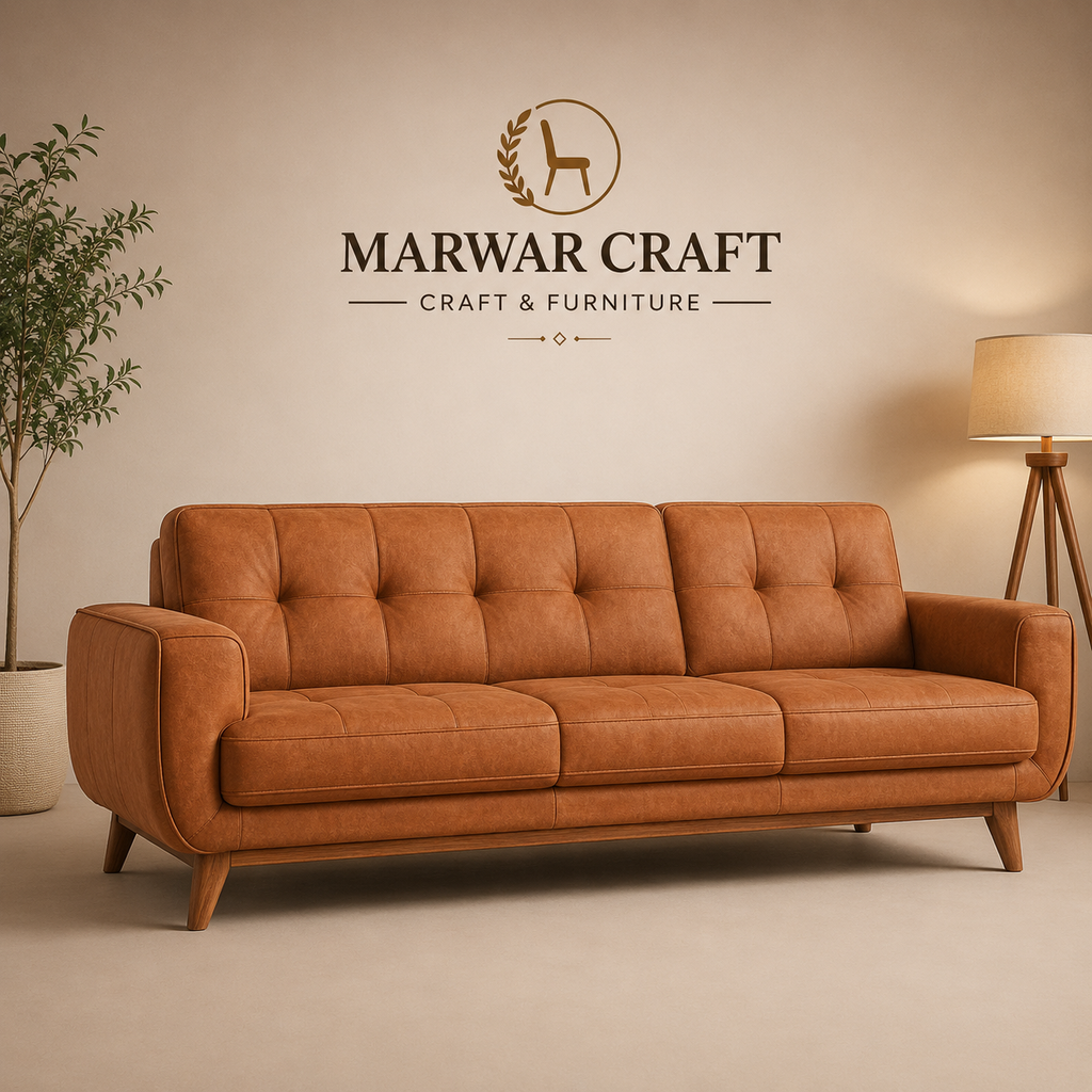 The Heritage Tan Leather Sofa – Premium 3-Seater Tufted Couch with Mid-Century Wooden Legs