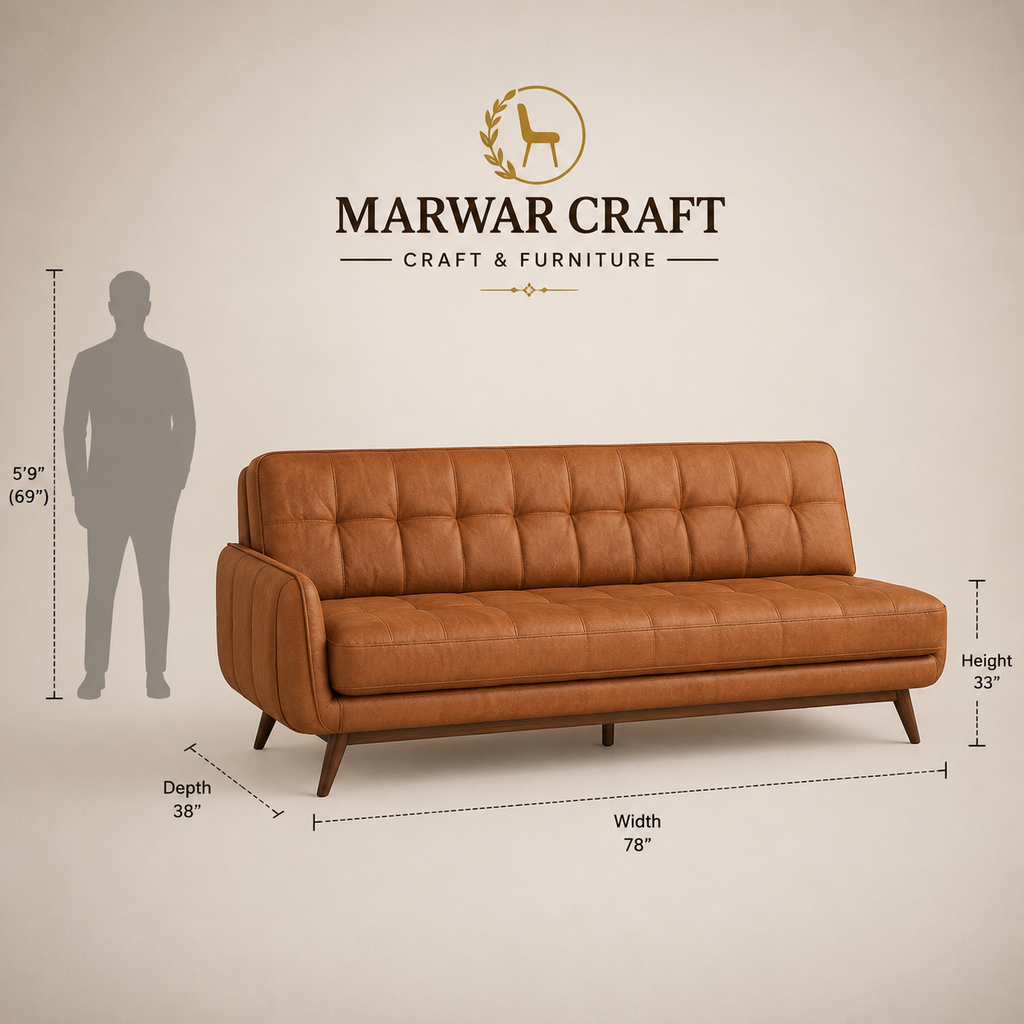 The Heritage Tan Leather Sofa – Premium 3-Seater Tufted Couch with Mid-Century Wooden Legs