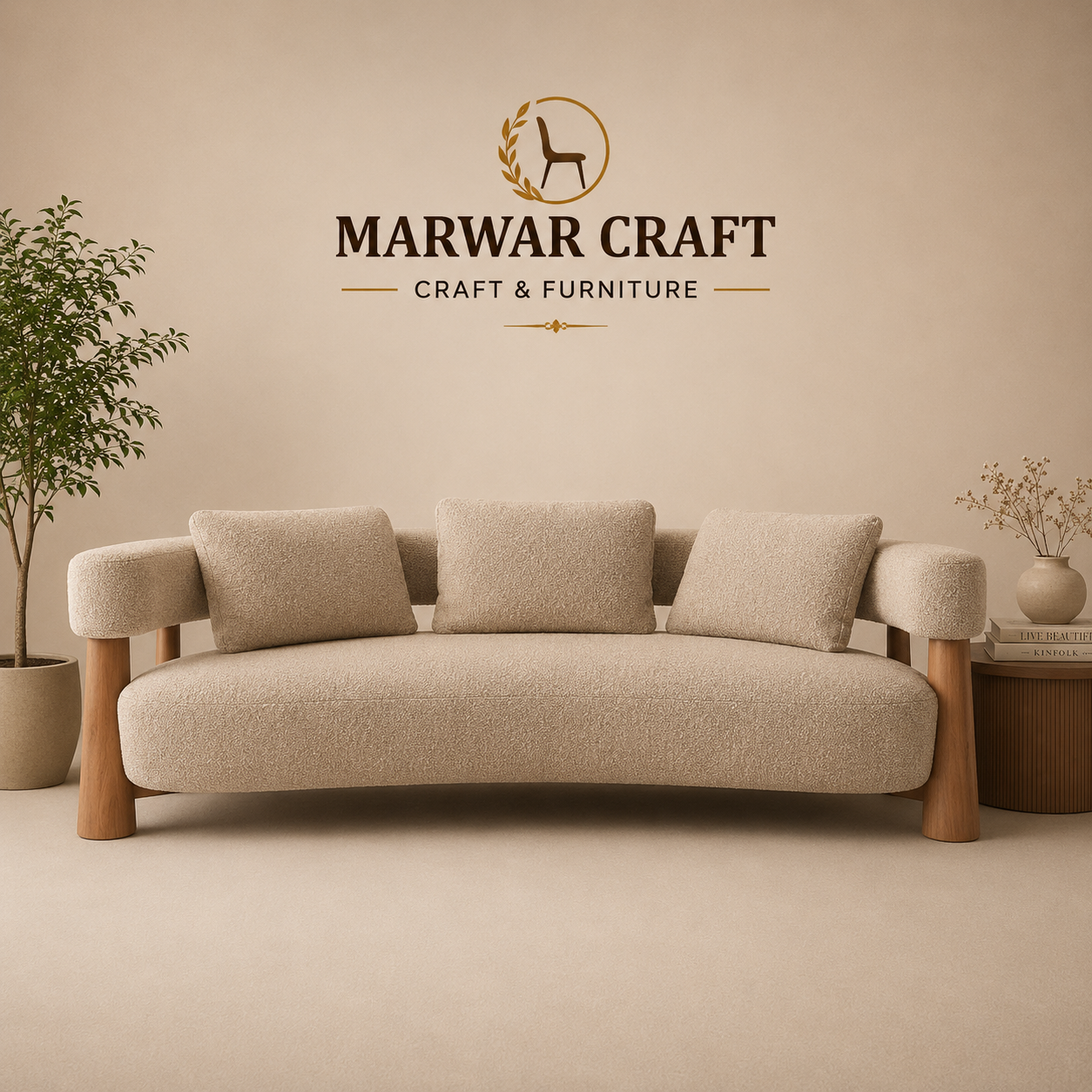 The Arc Elegance Curved Sofa – Premium Boucle 3-Seater Couch with Exposed Wooden Pillar Legs