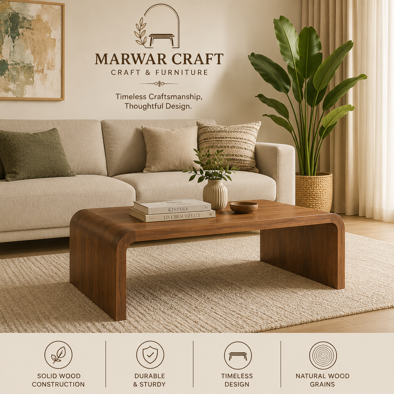 The Horizon Curve – Premium Solid Wood Minimalist Curved Coffee Table Centerpiece