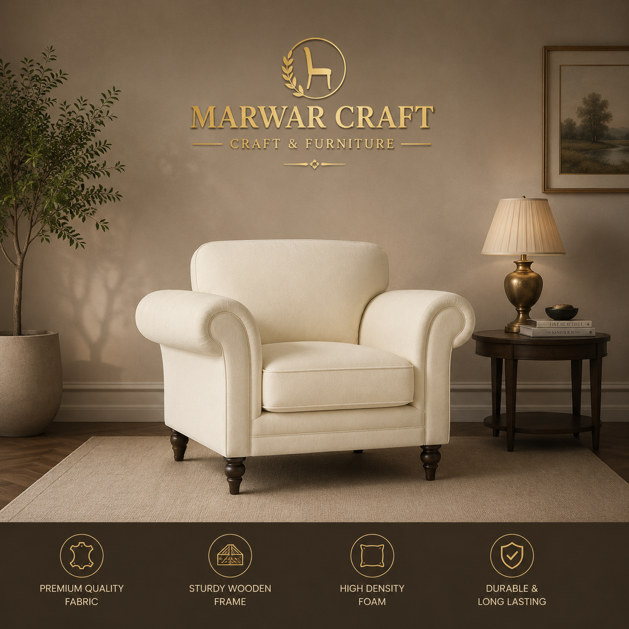 The Classic Rolled-Arm Lounge Chair – Premium Cream Fabric Single Seater Accent Armchair