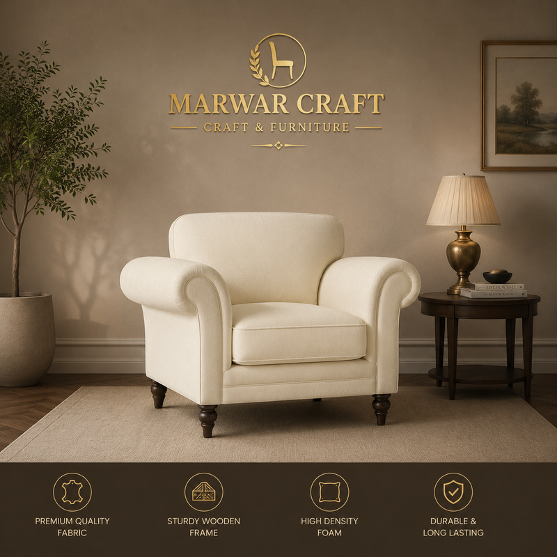 The Classic Rolled-Arm Lounge Chair – Premium Cream Fabric Single Seater Accent Armchair