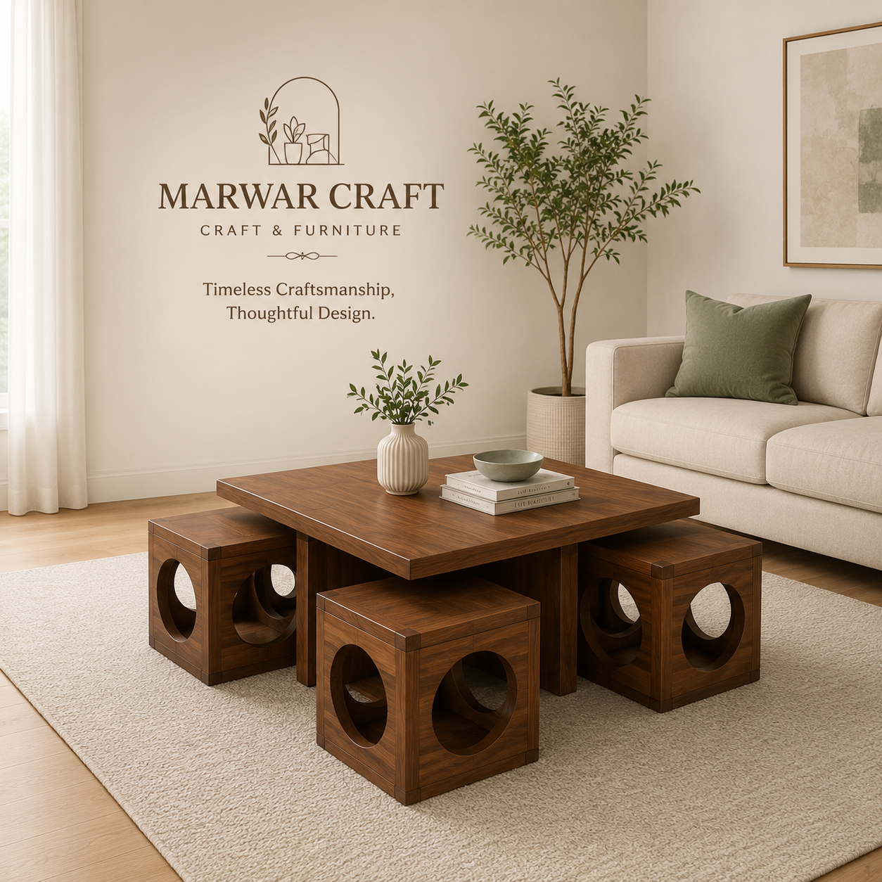 The Cube Nest – Premium Solid Wood Square Coffee Table Set with 4 Geometric Nesting Stools
