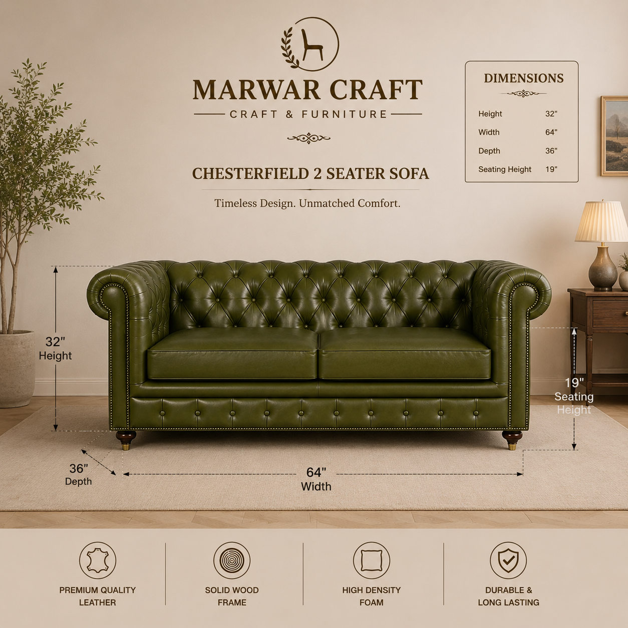 The Heritage Spindle Sofa – Premium 3-Seater Solid Wood Couch in Olive Green Fabric
