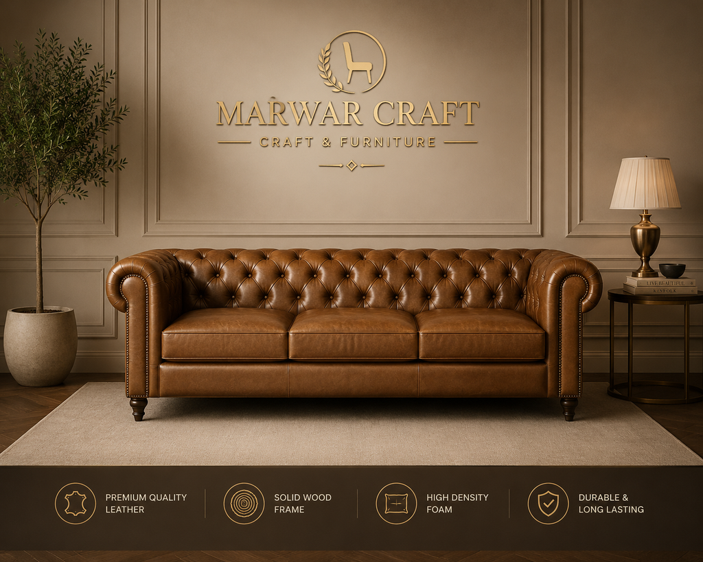 The Windsor Grand Chesterfield Sofa – Premium Tufted Tan Leather 3-Seater Couch with Brass Studs