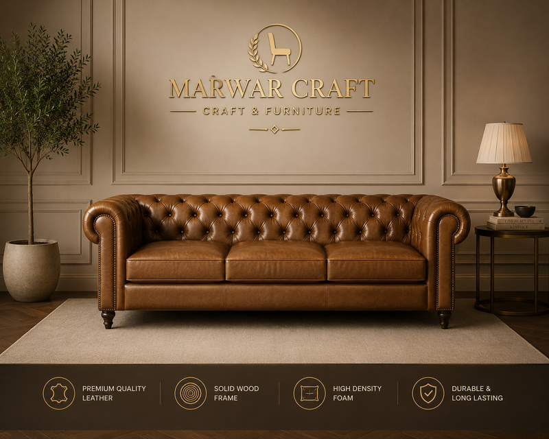 The Windsor Grand Chesterfield Sofa – Premium Tufted Tan Leather 3-Seater Couch with Brass Studs