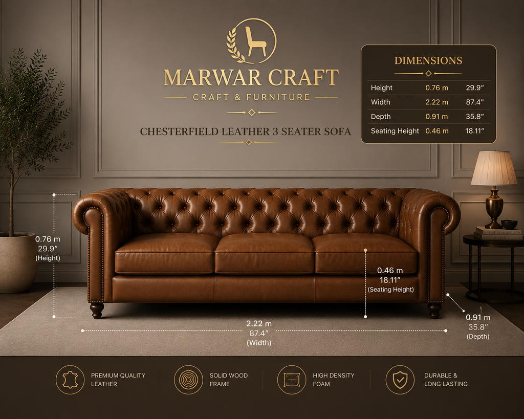 The Windsor Grand Chesterfield Sofa – Premium Tufted Tan Leather 3-Seater Couch with Brass Studs