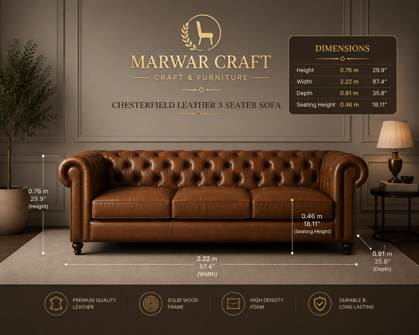The Windsor Grand Chesterfield Sofa – Premium Tufted Tan Leather 3-Seater Couch with Brass Studs