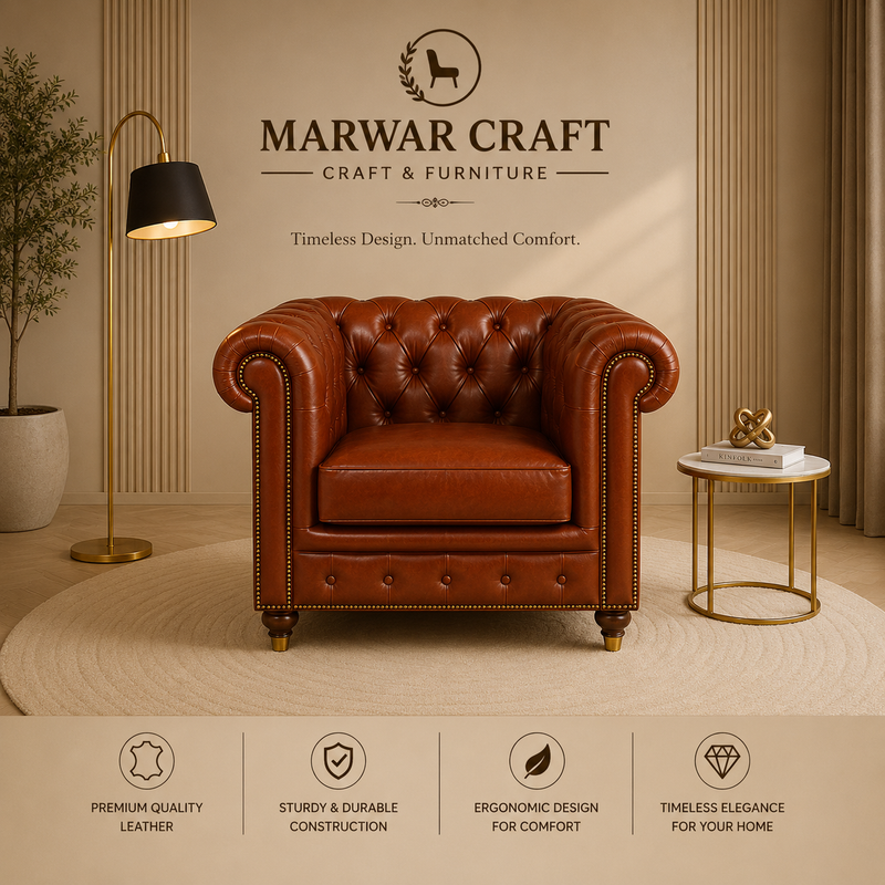 The Windsor Chesterfield Accent Chair – Premium Tan Leather Single-Seater Luxury Armchair